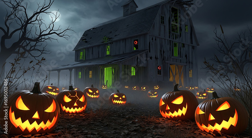 Spooky jack-o'-lanterns glow eerily around a haunted barn on a dark, foggy Halloween night.
