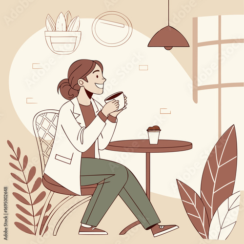 Woman drinks coffee at cozy cafe. Girl enjoys warm drink in stylish setting. Woman relaxes with cup in pleasant room.
