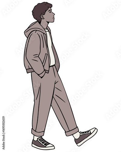 Man walks with confidence in casual clothes. Boy strolls in relaxed outfit with ease. Man moves forward in comfy style.