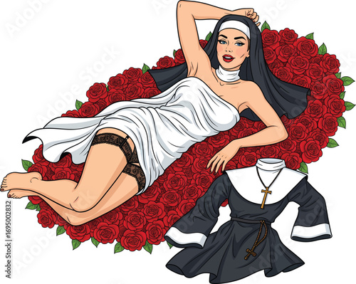 Sexy Pin-up Nun in Lingerie Lying on a Romantic Bed of Red Roses