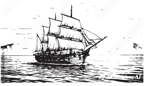 Historic Sailing Ship on Open Waters Black and White Illustration