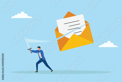 Vector illustration of a businessman cutting a message sign with a sword, symbolizing control over communication, information flow, and managing messages effectively
