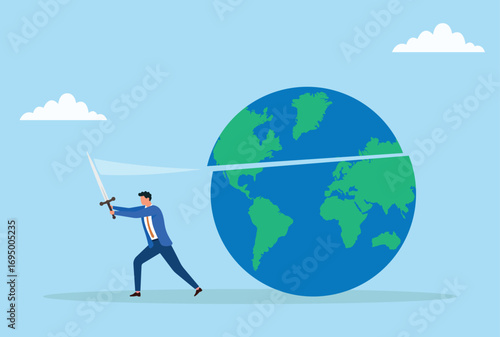 Vector illustration of a businessman cutting a globe with a sword, symbolizing control over global markets, international business, or worldwide strategy
