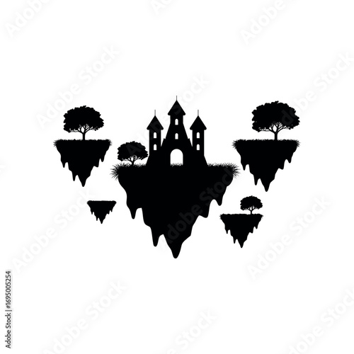 Black silhouette of a castle on a floating island with trees fantasy medieval