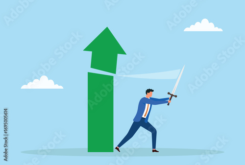 Vector illustration of a businessman cutting an upward arrow with a sword, symbolizing control over growth, market trends, financial challenges, or performance
