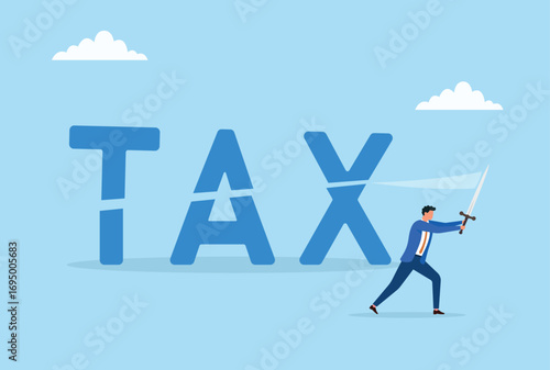 Vector illustration of a businessman cutting the word tax with a sword, symbolizing tax reduction, financial control, and managing business or personal finances
