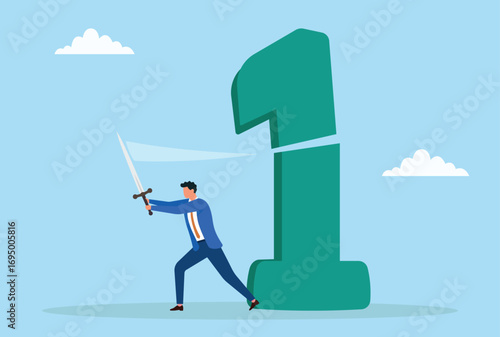 Vector illustration of a businessman cutting a large number one with a sword, symbolizing challenging leadership, defeating competition, and striving to go beyond the top position
