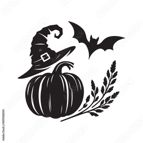 pumpkin and witch hat flying bat vector silhouette clip art logo design illustration