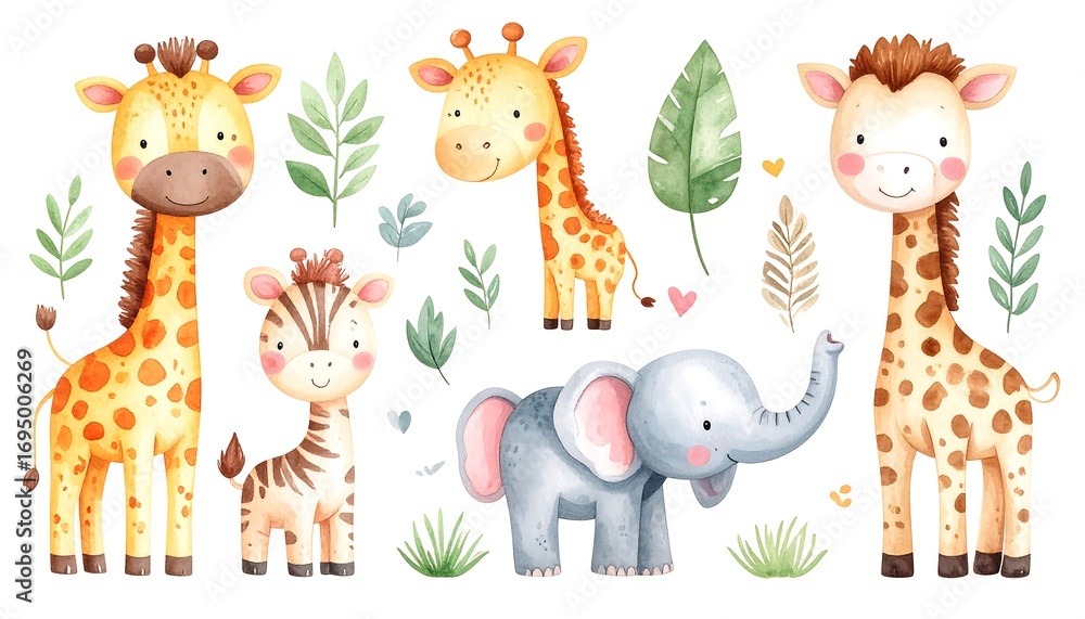 Fototapeta Watercolor safari animals, charming baby giraffes, adorable zebra, cute elephant