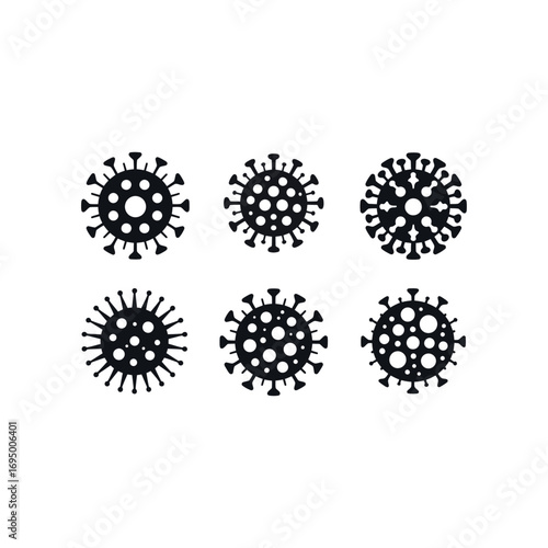 Six black coronavirus virus icons on a white background covid 19 symbol