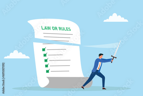 Vector illustration of a businessman cutting a law or rules paper with a sword, symbolizing breaking regulations, challenging restrictions, and bold decision making
