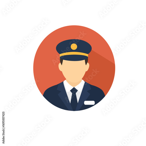 Flat Design Avatar of Train Conductor in Uniform with Cap and Badge in Circle Background