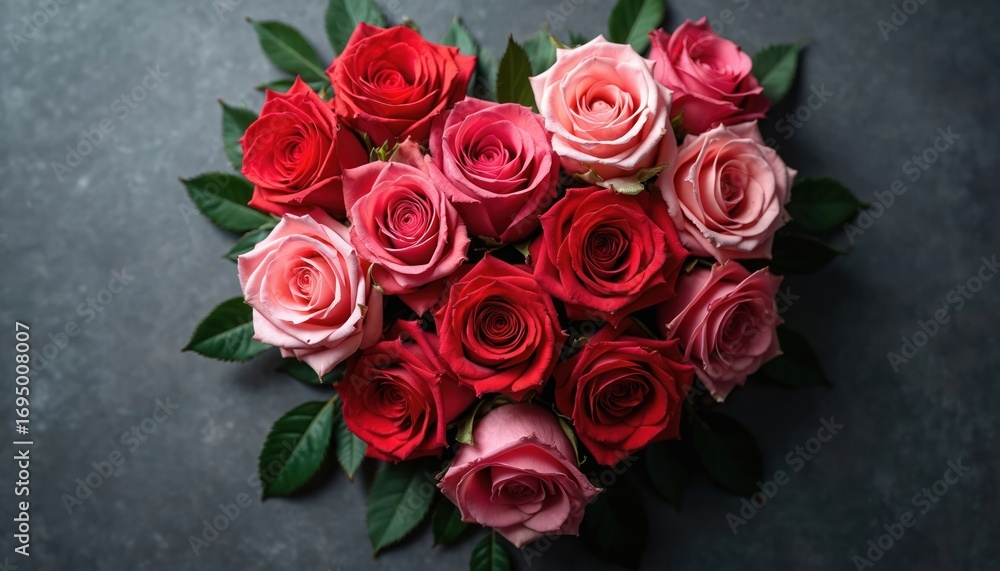 Obraz premium Red, pink roses arranged in heart shape on dark textured background. Closeup captures freshness, elegance of blossoms, perfect for valentine cards, gifts, anniversary celebrations. Floral arrangement