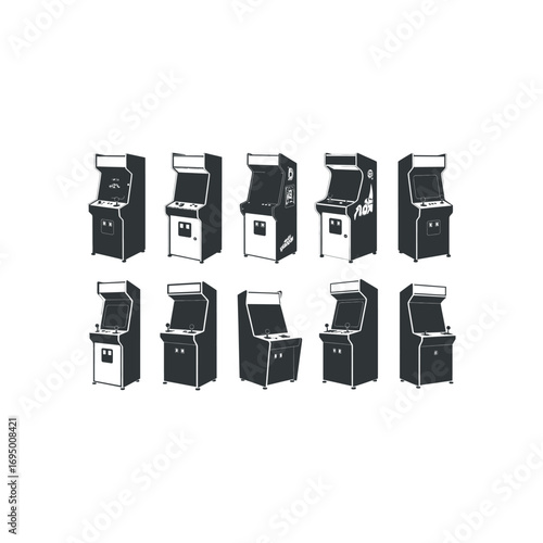 Ten dark grey vintage arcade game machines in a row on white background retro