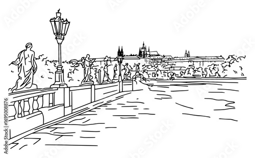 Prague Charles Bridge Vector Illustration – Detailed Line Art of Historic Stone Bridge with Statues and Castle Panorama