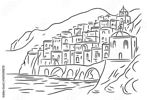 Santorini Cliffside Village Vector Illustration – Black and White Line Art of Greek Cycladic Architecture on Aegean Coast