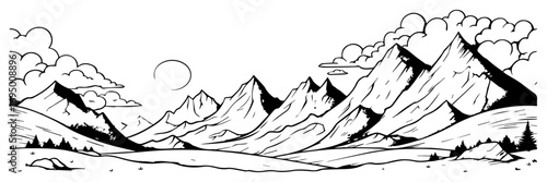 Majestic Mountain Panorama Vector Illustration – Expansive Line Art of Alpine Peaks and Dramatic Sky