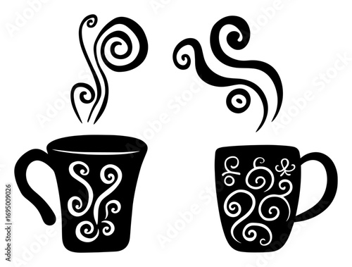 Ornamental Coffee Cups Vector Icons – Bold Silhouette Mugs with Swirling Steam