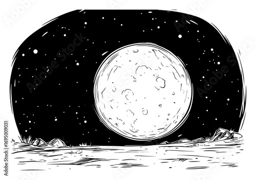 Rising Full Moon over Sea Vector Scene – Luminous Lunar Disc Reflecting on Calm Water