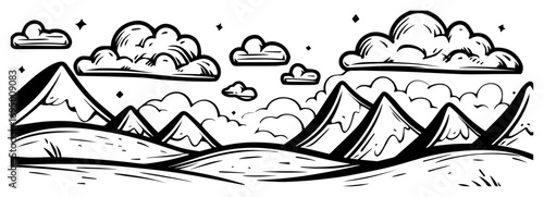 Whimsical Mountain Horizon Vector Panorama – Rolling Hills and Puffy Clouds