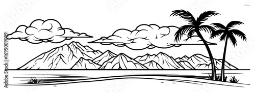 Tropical Coast Mountain Panorama Vector Illustration – Palm Trees and Shoreline Banner