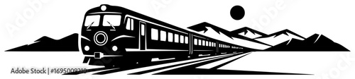 Scenic Mountain Railway Vector Emblem – Retro Passenger Train Against Sunset Peaks
