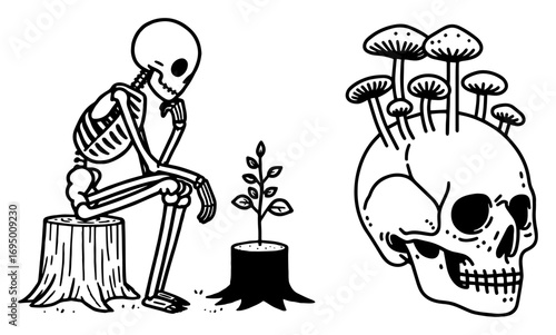 Philosophical Skeleton Thinker Vector Illustration – Reflective Undead Seated on Tree Stump