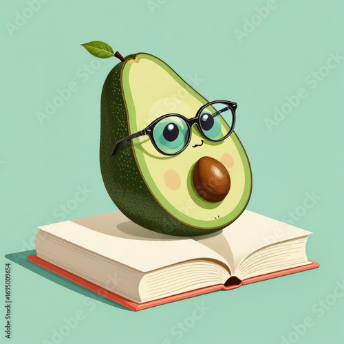 Cute cartoon avocado with glasses sitting on book, educational fruit character illustration.
