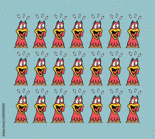Funny Crazy Cartoon Chickens vector Illustration Set