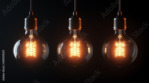 Three Glowing Filament Bulbs with Transparent Glass on a Dark Backdrop