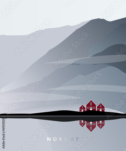Norway. poster. tourist postcard. scandinavian houses. vector illustration