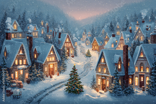 Wallpaper Mural Charming snow-covered Christmas village at twilight, glowing windows, decorated pine trees, gentle snowfall, magical winter atmosphere, warm inviting lights, cozy festive mood, cinematic high-detail.  Torontodigital.ca