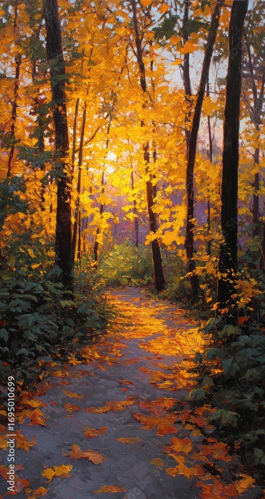 Fototapeta premium Autumnal path bathed in golden sunlight