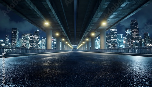 Wallpaper Mural Wet asphalt road under highway bridge, glowing city skyline background at nighttime Torontodigital.ca