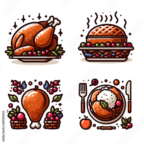 Roasted turkey with cranberry and festive sides in colorful illustration  