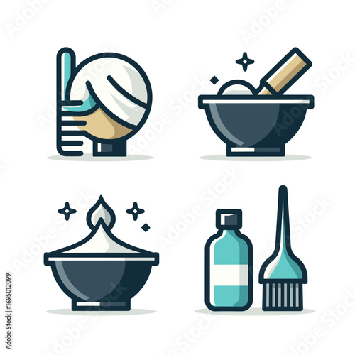 Hair dye bowl and brush set in modern graphic style  