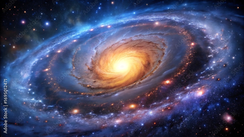 Fototapeta premium Swirling spiral galaxy with bright yellow core and blue nebula clouds filled with stars space