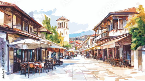 Skopje Old Bazaar. Skopje Old Bazaar watercolor vector illustration