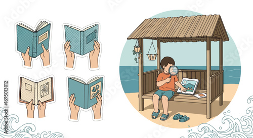 A Curious Mind Discovers the World Through Books and Exploration on the Beach