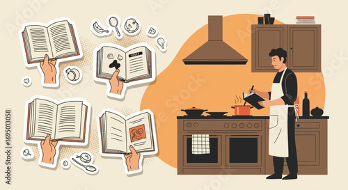 A culinary journey: Cookbook inspiration and chef preparing meals in the kitchen scene