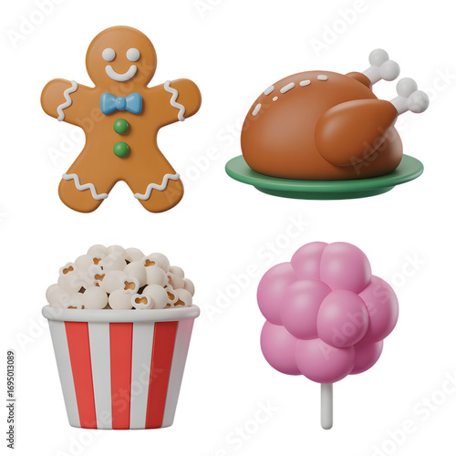Four delicious food icons arranged in a grid a gingerbread man a roasted turkey a bucket of popcorn and a pink cotton candy lollipop isolated on transparent background