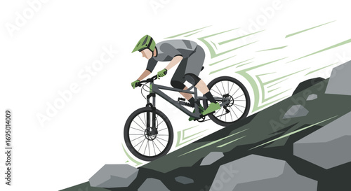 Illustration of a mountain biker riding down a steep rocky terrain at high speed