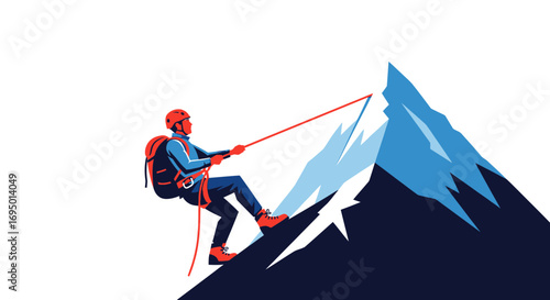 Illustration of a Mountain Climber Ascending a Mountain with a Rope and Equipment