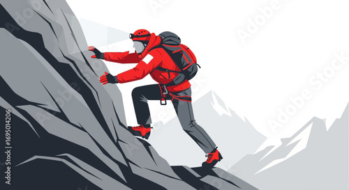 Illustration of a Mountaineer Climbing a Rocky Mountain with Background of Snow Peaks