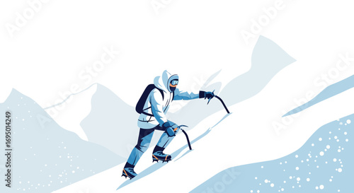 Illustration of a mountaineer climbing a snowy mountain with ice axes and crampons in vector style.