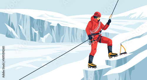 Illustration of a mountaineer climbing an icy mountain in a winter landscape