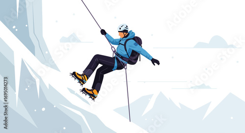 Illustration of a mountaineer descending a snowy mountain slope with rope and gear