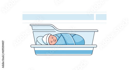 Illustration of a Newborn Baby Sleeping peacefully in a Bassinet Isolated on White Background