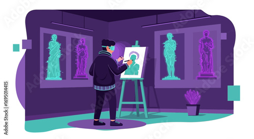 A modern artist using virtual reality glasses to create digital art in a gallery