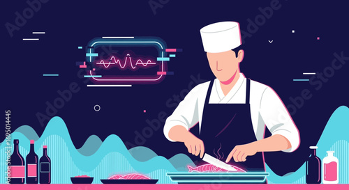 A modern illustration of a sushi chef expertly preparing fish in a vibrant setting filled with